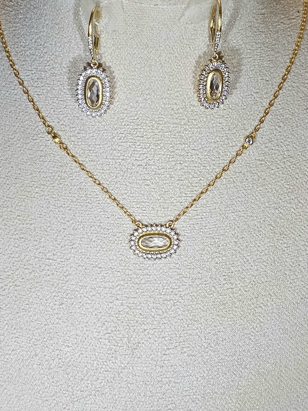 Freida Rothman Fleur Necklace Earrings Set Crystal Matte Gold Sterling Silver